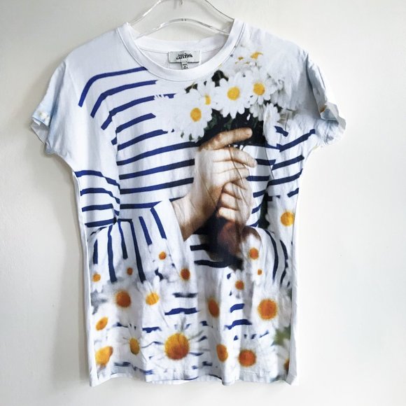 Jean Paul Gaultier Trompe L'oeil Striped Daisies T-Shirt Tee Floral White Blue M